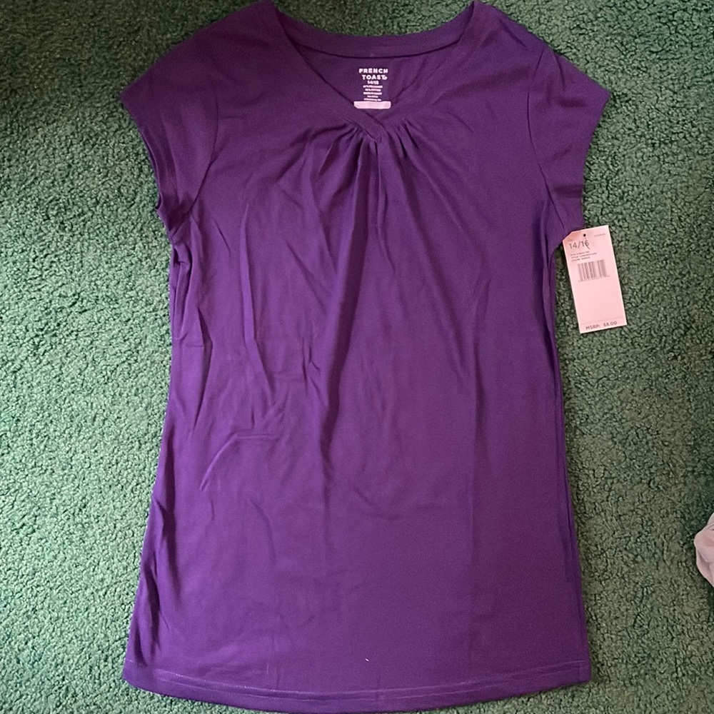 Tags on purple French Toast top!